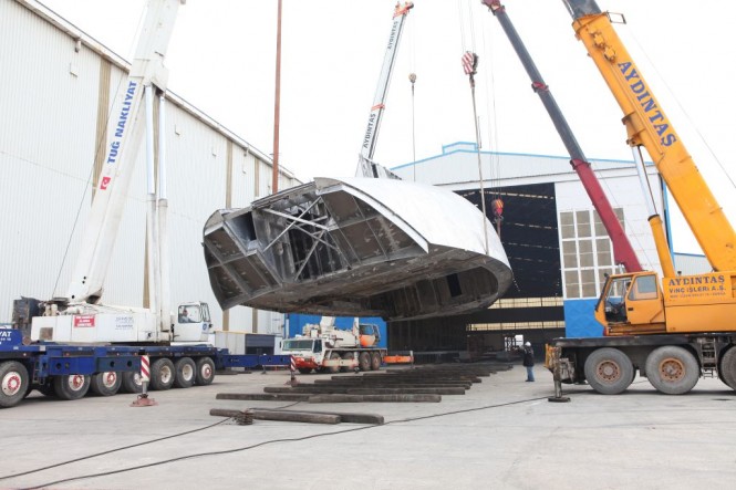 Perini Navi Hull C. 2180 turning operations completed for fast cruising SY 40 metre Perini Navi Hull C. 2180 turning operations completed for fast cruising SY 40 metre