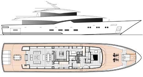 Layout of the 42m Blue Navy motor yacht concept by UKI Design.