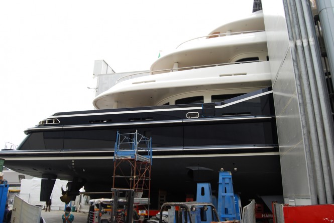 Aft detail of the 70 metre motor yacht NUMPTIA by Rossi Navi at her launch