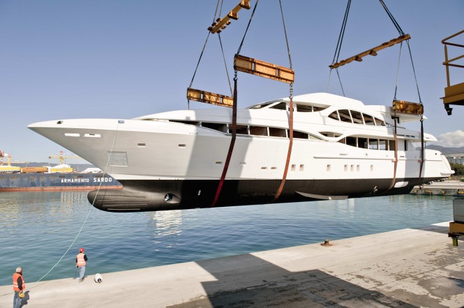 First hull of Mangusta 148’ Oceano Motor yacht by Overmarine arrives in Viareggio 