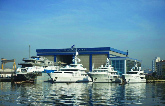 Pictured (left to right) is the 72.64m 'Vicky' (NB 54) entering the shed, the newly launched repeat order 'Talisman C' at 70.54m, centre the 60.20m 'Yogi' and about to sail away completed the 55.40m 'Turquoise'
