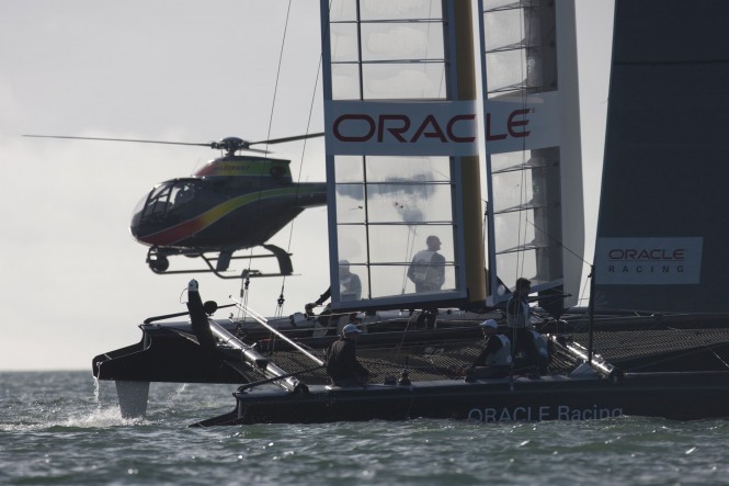 Auckland (NZL) - 34th America's Cup - AC45 Test Event - Day 9 Amercia's Cup Helicopter and Catamaran in Auckland