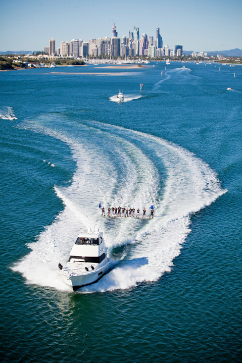 Riviera’s 61 Series II Flybridge motor yacht towing 12 water skiers