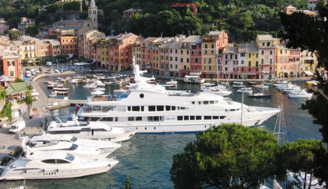 Superyachts including Lady Lola in Portofino Harbour in Italy Superyachts including Lady Lola in Portofino Harbour in Italy