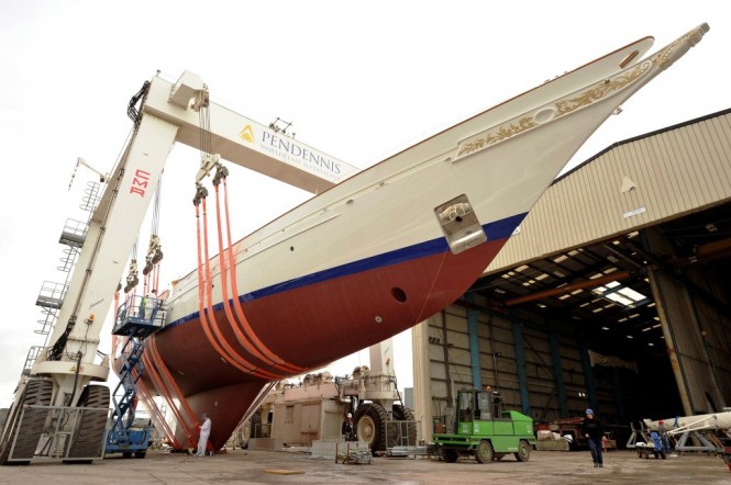 Yacht Adela on the Hoist at Pendennis Yacht Adela on the Hoist at Pendennis