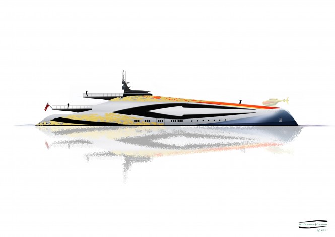 McDiarmid Design - 100m side profile Superyacht Duel - reverse bow A1