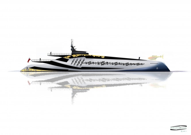 McDiarmid Design - 100m side profile Superyacht Duel - reverse bow A2