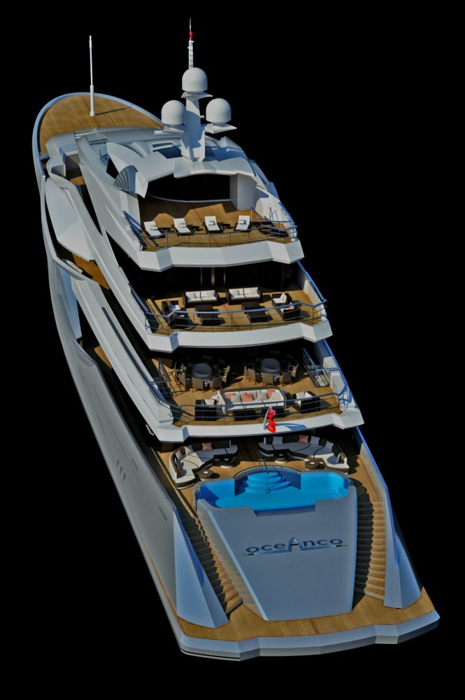 Adriel Design for oceAnco Project Lumen a 90m motor yacht -stern angle above