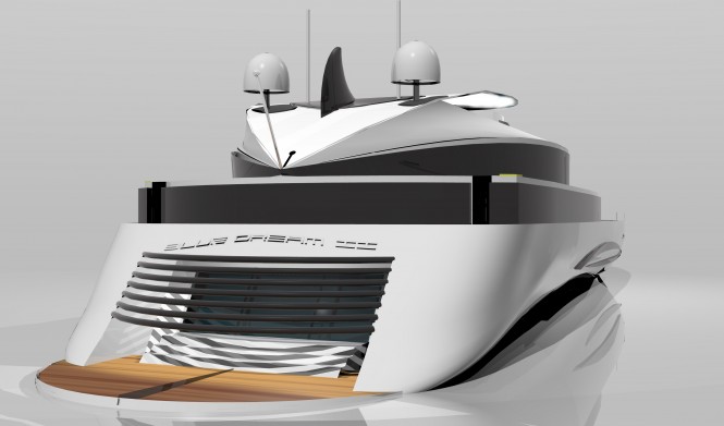 Close up at the 67 m Aras Kazar Designed superyacht Blue Dream II