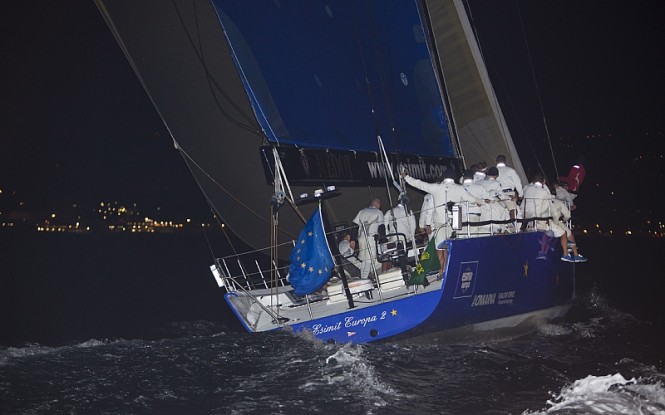 Sailing yacht ESIMIT EUROPA 2 at the finish line in Genoa, line honours winner Photo credit Rolex  Carlo Borlenghi