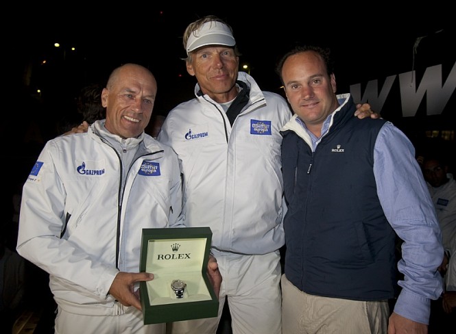 Igor Simcic, owner of ESIMIT EUROPA 2, Jochen Schuemann (skipper) and Lionel Schurch, Rolex SA