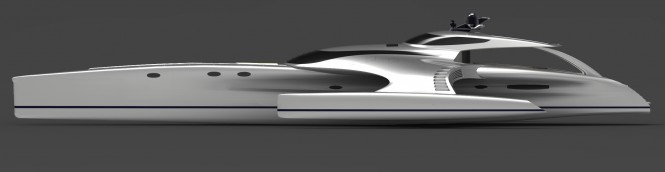 Superyacht Adastra profile in silver a 42.5m Power Trimaran - Designed by John Shuttleworth Yacht Design