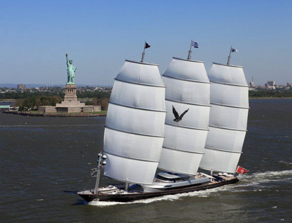 The 289-foot Maltese Falcon (shown here sailing in New York) will be the largest yacht in the 2,975 nm Transatlantic Race 2011.