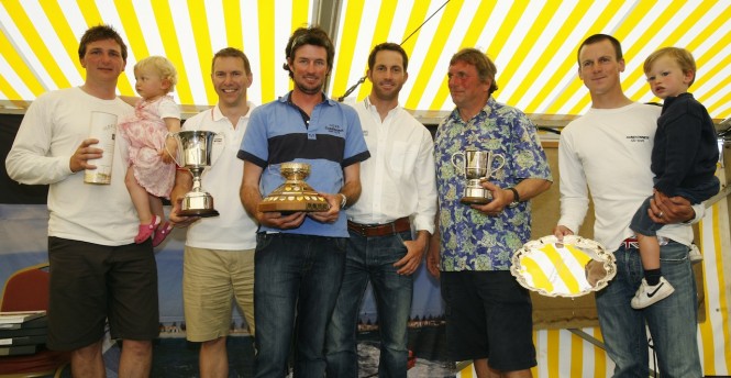 The Gold Roman Bowl went to the delighted crew of Sundowner, entered by Jo Hutchinson (left) and Nick Rogers (far right), flanked by Roger Thompson, J.P. Morgan Asset Management and Ben Ainslie at today’s Prizegivi
