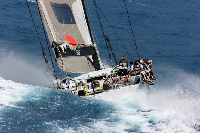 ICAP Leopard (shown at start) sailed the majority of the Transatlantic Race 2011 with a broken bow sprit.  It has now finished. (photo credit TR2011Billy Black)