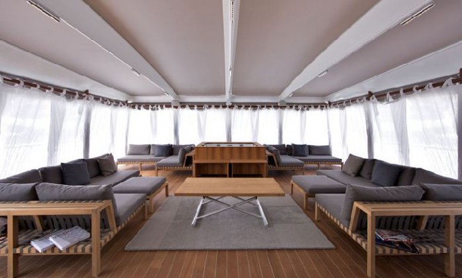Luxurious day lounge on the upper deck of superyacht Mystere Shadow