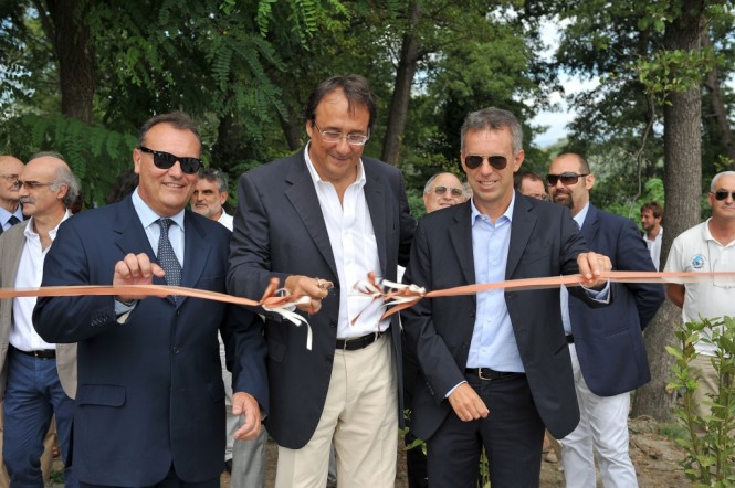 M. Caleo, M. Perotti, U. Galazzo at the launch of Sanlorenzo's new marina travel lift and the Sanlorenzo SL72 motor yacht - Credit Sanlorenzo