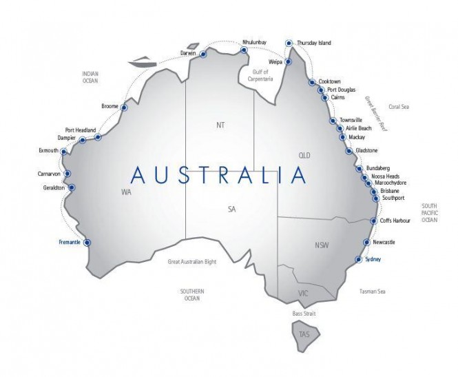 Map of Australia detailing the 9500km coastline the Honda Over The Top campaign will circumnavigate in Honda RIB