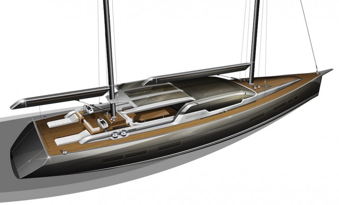 Rendering of the 35m Tony Castro sailing yacht - aft view