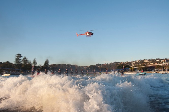 Riviera 61 series II Enclosed Flybridge in Sydney pulling the water skiers