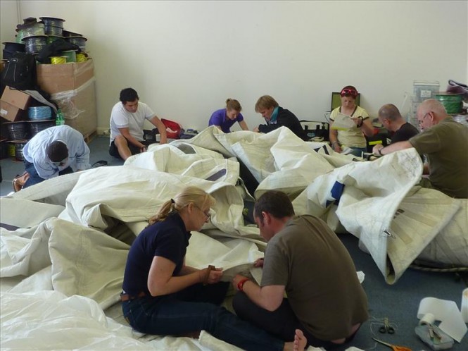 Specialist sail repair training is given to Clipper race crews © Hyde Sails.. Specialist sail repair training is given to Clipper race crews © Hyde Sails..