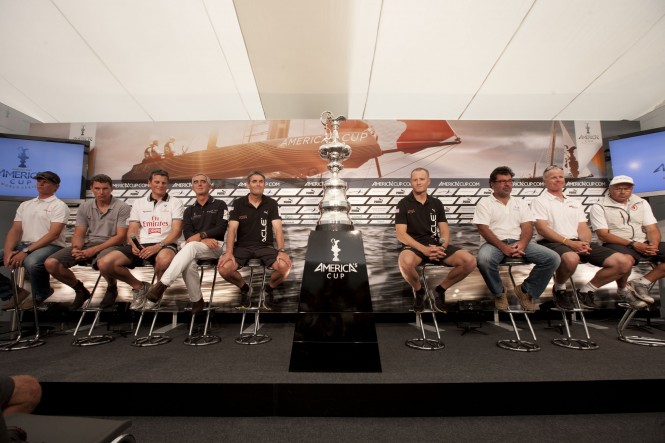 Cascais (POR) - 34th America's Cup - AC World Series - Cascais 2011 - Opening press conference - Chris Draper (Team Korea), Vasilij Zbogar (Green Comm) Dean Barker (Emirates Team New Zealand) , Loick Peyron (Energy Team), Russell Coutts (Oracle Racing), Jimmy Spithill (ORACLE Racing), Mitch Booth (China Team), Terry Hutchinson (Artemis Racing), Bertrand Pacé (Aleph) - Image credit to Gilles Martin-Raget