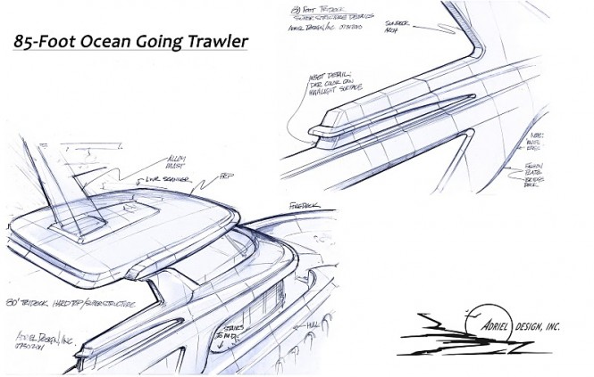 85 Foot Ocean Going Trawler sketches by Adriel Design