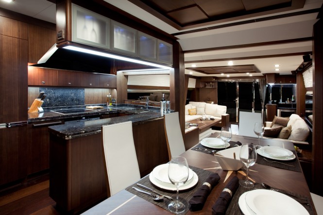 Galeon 780 Crystal motoryacht - Main deck dining area and galley Galeon 780 Crystal motoryacht - Main deck dining area and galley