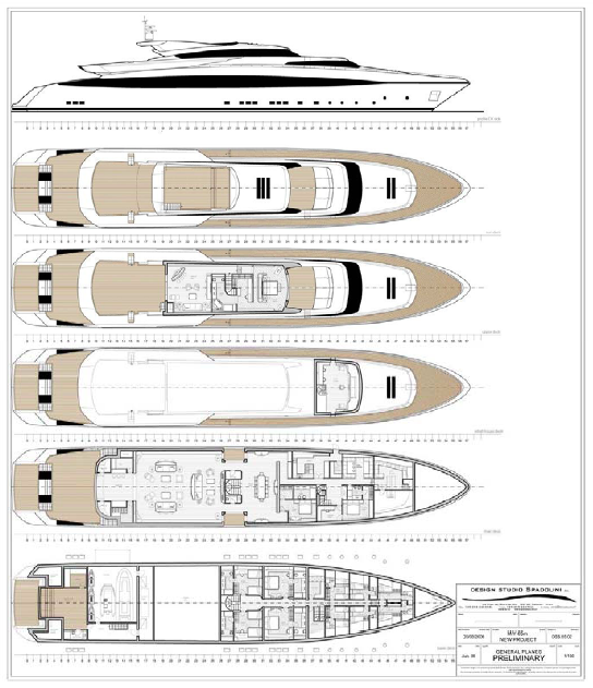 General Arrangements of the 65M Spadolini Yacht for Rossi Navi