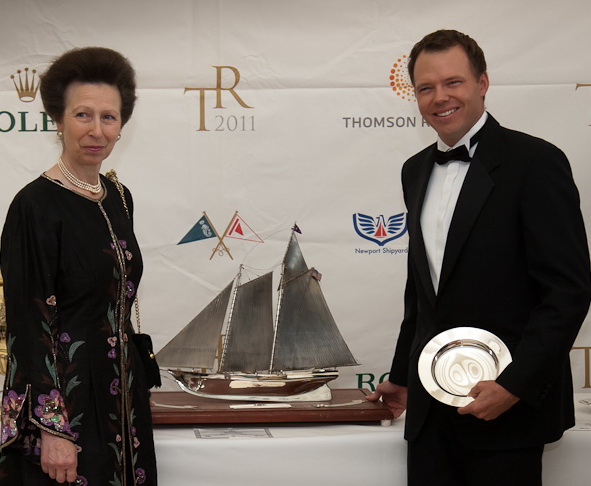 Her Royal Highness Princess Anne presents Phaedo's Lloyd Thornburg (St. Barthelemy) with the RYS Benzie Trophy. (Photo Credit TR2011Paul Wyeth)