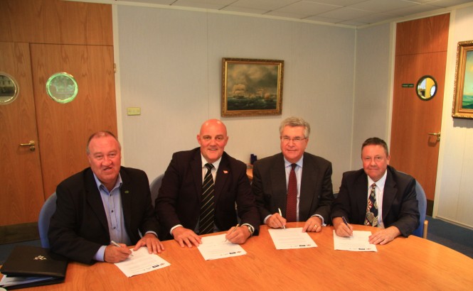 Isle of Man signs Tripartite Declaration for seafarers Aug 2011 : (Left to Right) John Tilly, National Union of Rail Maritime and Transport Workers (RMT); Dick Welsh, Director of the Isle of Man Ship Registry; Tom Graves, chair of the Isle of Man Shipping Association; and Ronnie Cunningham, Nautilus International