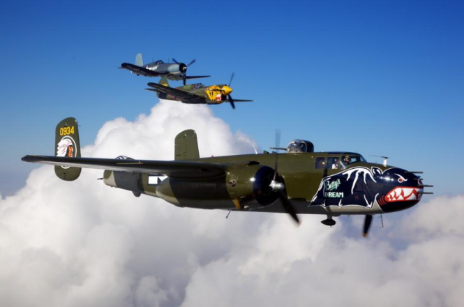 Mitchell B-25 Bomber Betty’s Dream leads the pack - Photo credit Texas Flying Legend Museum Mitchell B-25 Bomber Betty’s Dream leads the pack - Photo credit Texas Flying Legend Museum