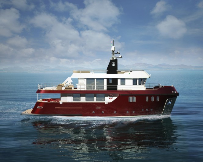 Red version rendering of the Ocean King 88 Explorer Yacht