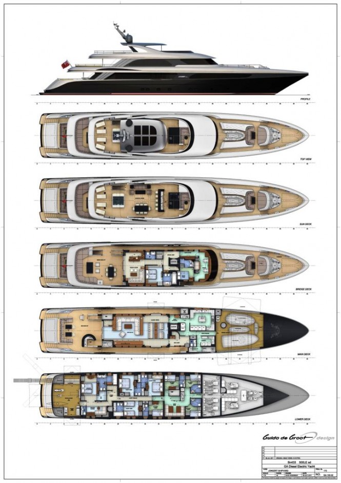 Layout of the 50m Jongert 500 LE motor yacht Bn433 by Azure Naval Architects and Guido de Groot.