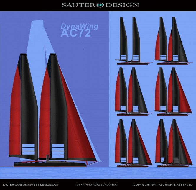 AC72 DynaWing Challenger Oracle Comparison - Sauter Carbon Offset Design DynaWing AC72 Schooner for the 34th America’s Cup Challenger Catamaran