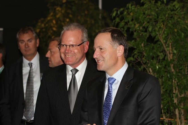 New Zealand Prime Minister John Key and Marine Industries Association President, Peter Busfield at Opening Cocktail Function - Auckland International Boat Show and Superyacht Captains Forum 2011' - Richard Gladwe