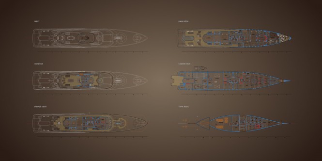 Layout of the 70m motor yacht CASPIAN design by Claydon Reeves 