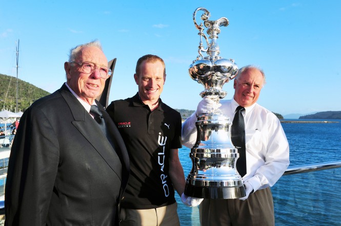 The America’s Cup welcomed to Audi Hamilton Island Race Week by Bob Oatley, Jimmy Spithill, and Iain Murray. Photo by Andrea Francolini Audi image