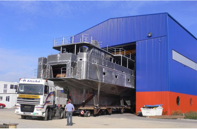 Alu Marine 33m Superyacht being taken out of the shipyard