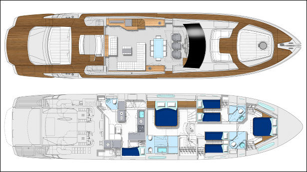 Layout of the new Pershing 82 motor yacht by Perishing Yachts to be launched in 2012 
