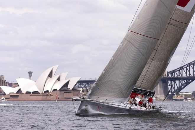 Sailing yacht Wild Oats XI is going for her fifth line honours victory in the SOLAS Big Boat Challenge. Credit Andrea Francolini