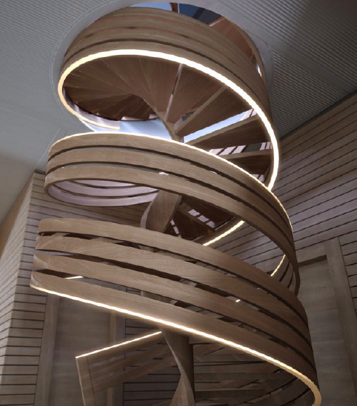 Stairwell going down from the aft terrace of the 99m Fincantieri Xvintage yacht design