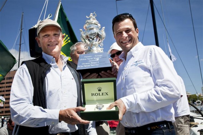 Stephen Ainsworth, owner of LOKI, Overall Handicap winner, with Patrick Boutellier, Rolex Australia Photo D. Forster