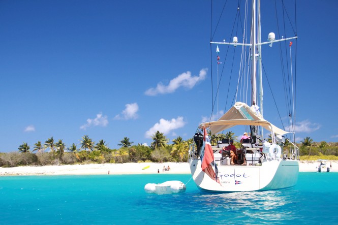 Stunning sailing yacht Swan 66 GODOT anchored off Sandy Cay Island - Credit Yacht Shots 11