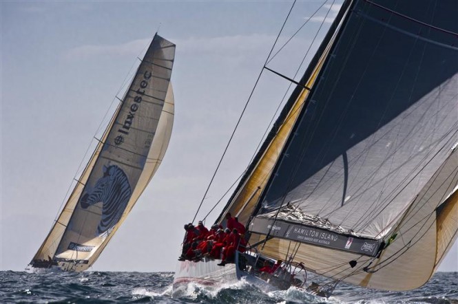 The Maxis INVESTEC LOYAL and WILD OATS XI on the Derwent River Photo K. Arrigo