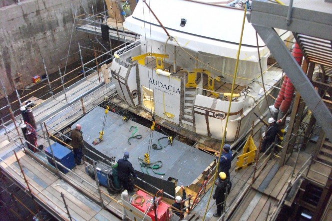 Superyacht Audacia swim platform being lowered - Image courtesy of Pendennis Shipyard UK