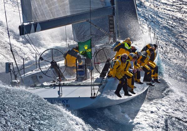 Bryon Ehrhart's TP52 yacht Lucky in the 2010 Rolex Middle Sea Race. Photo: Rolex/Kurt Arrigo