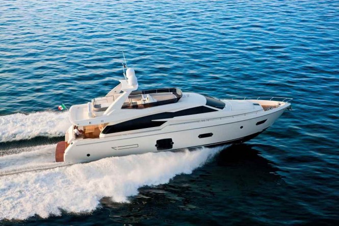 Ferretti 720 motor yacht on display at the Ferretti Group stand at the Miami Yacht and Brokerage show