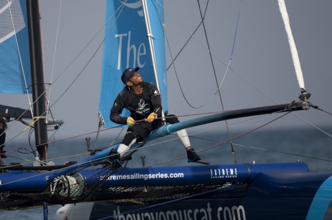 Hashim Al Rashidi on the bow of The Wave, Muscat Credit: Lloyd Images