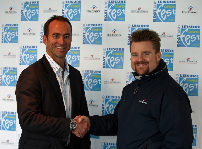 James BrookeFestival Director, seals the Cowes Fest deal with Cowes Yacht Haven’s Managing Director, Jon Pridham Photo by H. Thornycroft